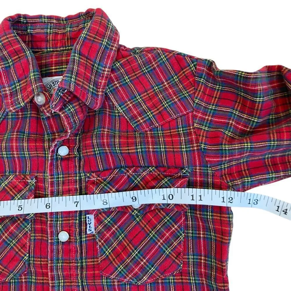 Levis Kids Vtg 90s Pearl Snap Western Button Down Shirt Red Plaid Made in USA